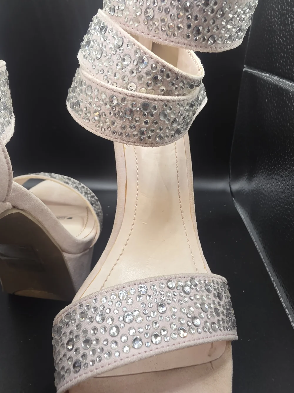 Shoe Dazzle Embellished Blush Platform Heels with Ankle Straps